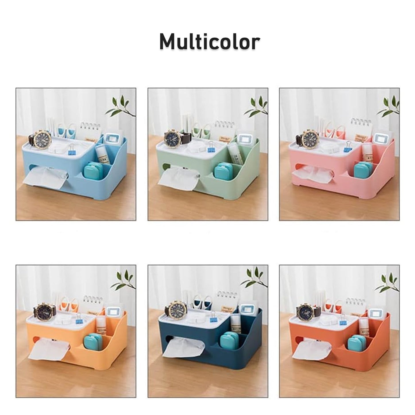 Tissue Paper Storage Holder, Stationery Storage Remote Control, Decorative Pen, Pencil, Napkin, Mobile Phone Multi-Function Desk Storage Organizer for Home and Office (6 Compartment)