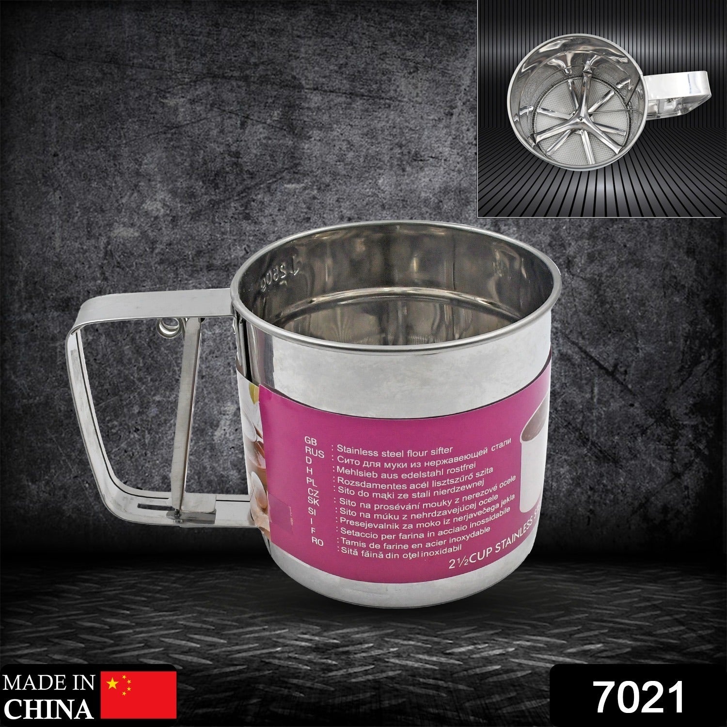 Stainless steel flour sifter with measuring scale, ideal for smooth and lump-free baking.