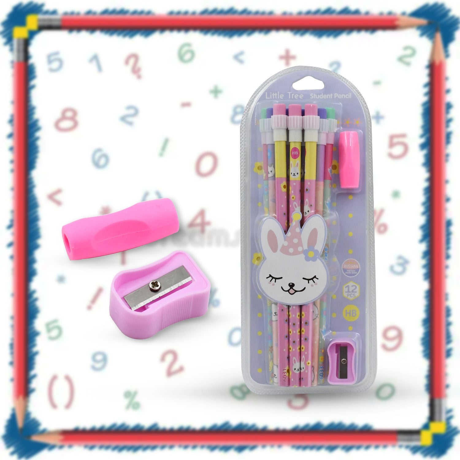 Pencil and sharpener set for kids, featuring cute animal designs