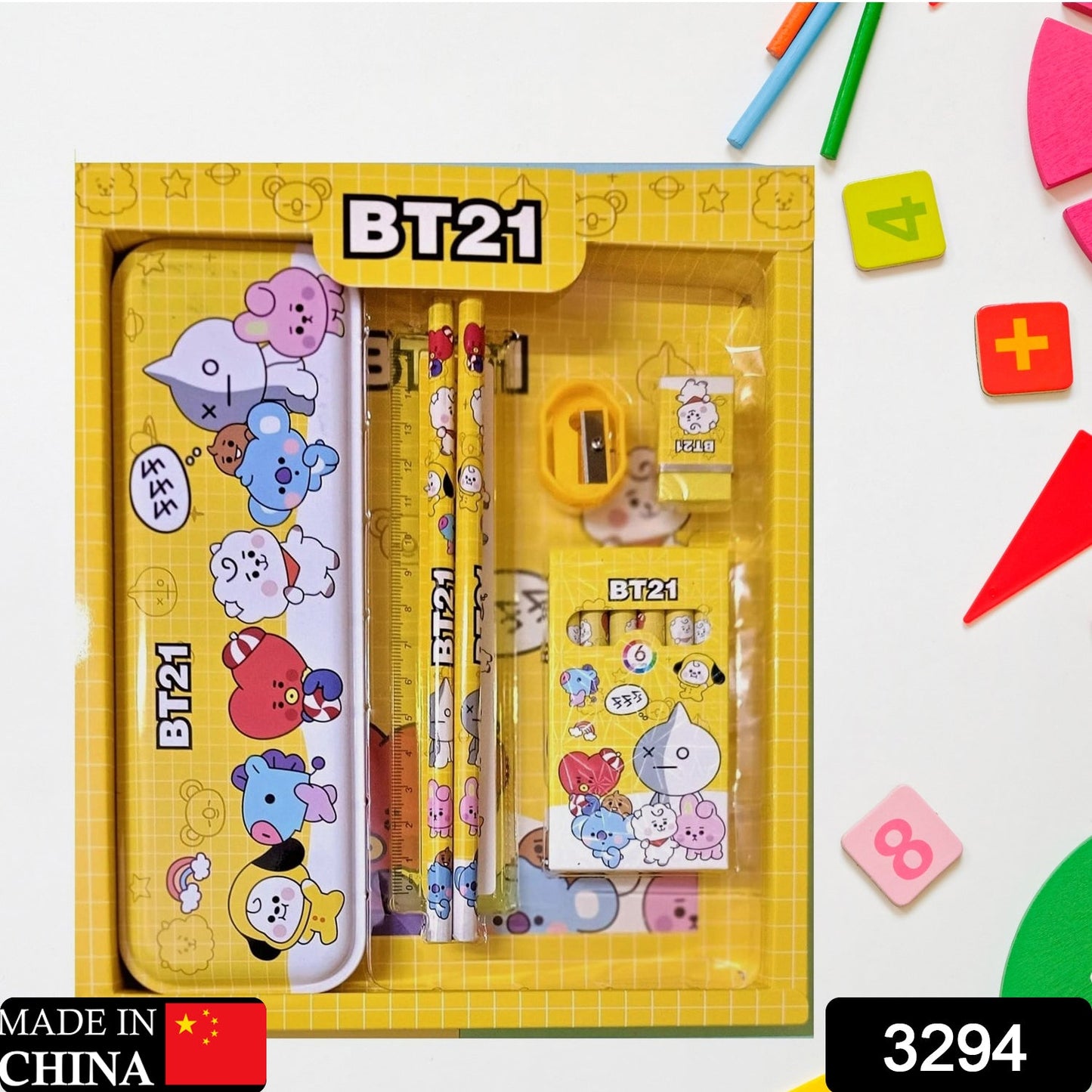 Kids' stationery set including metal pencil box and erasers, 12 pcs