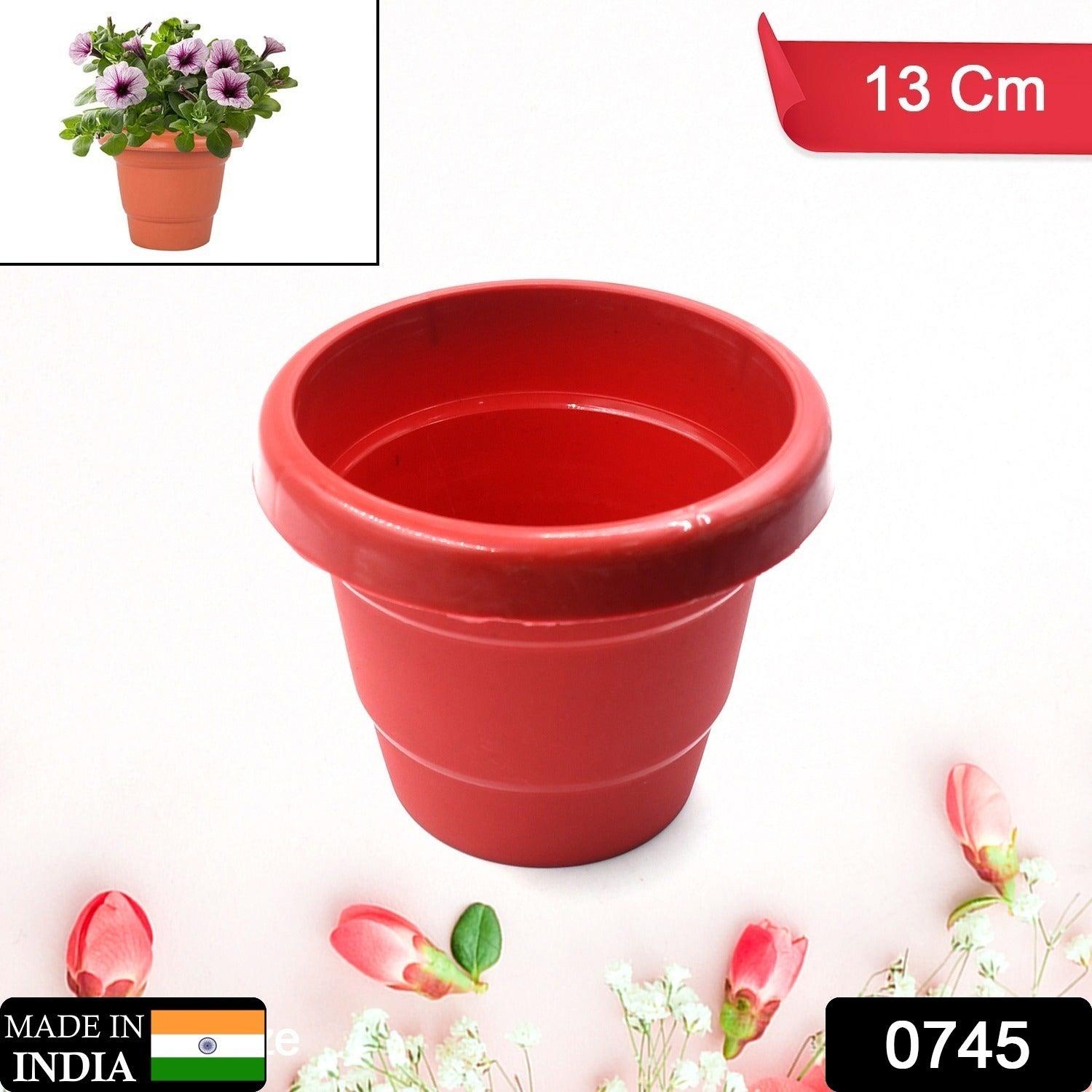 13 cm plastic plant container, heavy-duty, for indoor or outdoor decor, sold individually.